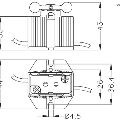Desenho técnico de caixa de derivação elétrica com medidas em milímetros