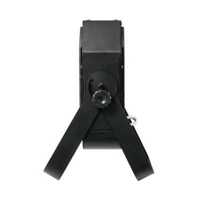 Dispositivo eletrônico preto com suporte metálico preto sobre fundo branco