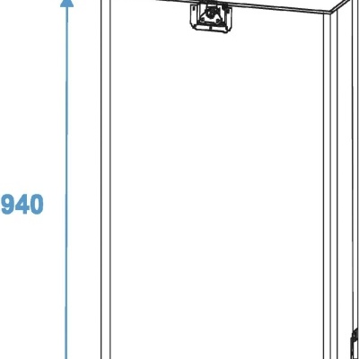 Desenho técnico de painel de porta com dobradiças e rodas com dimensões