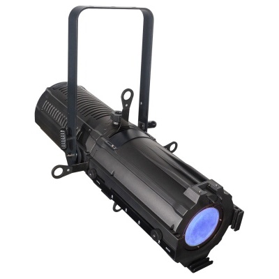 Projetor de luz preto tipo fresnel com lente azul e alça para transporte