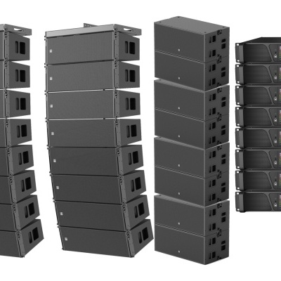 Conjunto de colunas e amplificadores de som profissional pretos sobre fundo branco