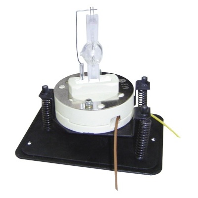 Peça eletrónica com suporte preto, base branca e tubo de vidro