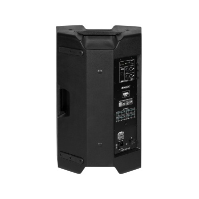 Coluna de som preta com painel traseiro de conexões e botões