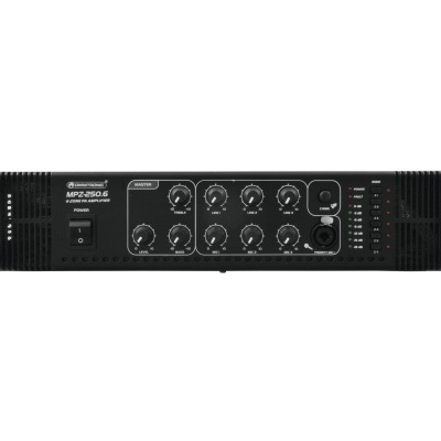 Amplificador Power Mixer MPZ-250.6 preto com botões de controlo e luzes indicadoras