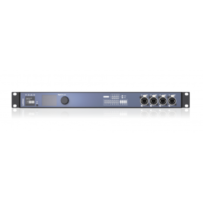 Interface de áudio profissional azul escuro com conectores e botões