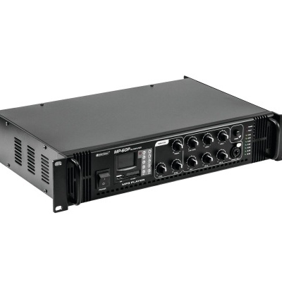Amplificador de som preto tipo rack com botões e visor digital