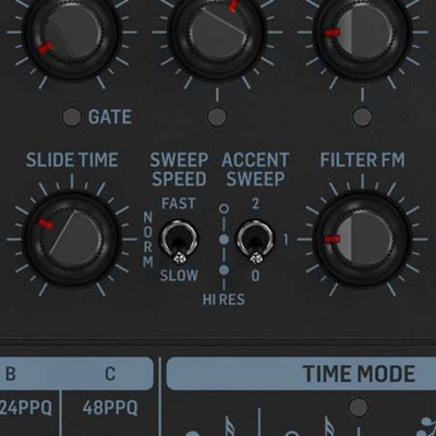 Painel de controlo com botões rotativos e texto técnico