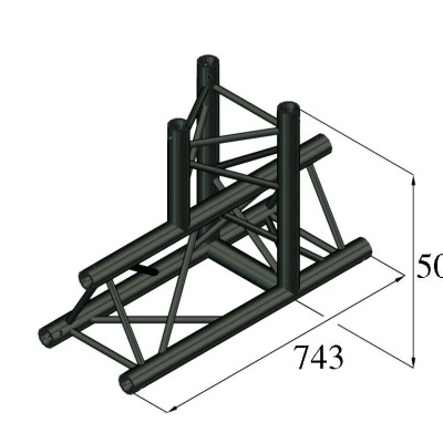 Estrutura metálica preta com tubos cilíndricos e reforços triangulares, com medidas 743 e 500