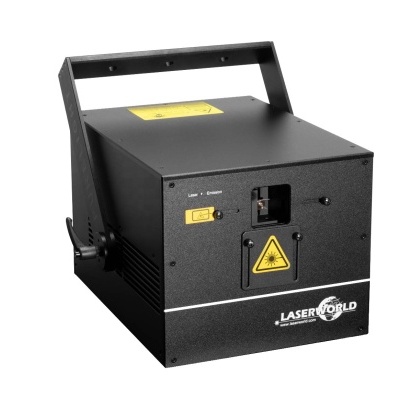 Máquina laser preta LASERWORLD com alça e etiquetas amarelas de aviso