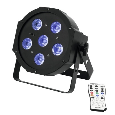 Projetor de luz LED preto com sete LEDs azuis e comando remoto branco