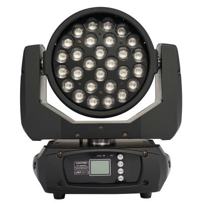 Luminária moving head preta com 36 LEDs e painel de controlo digital