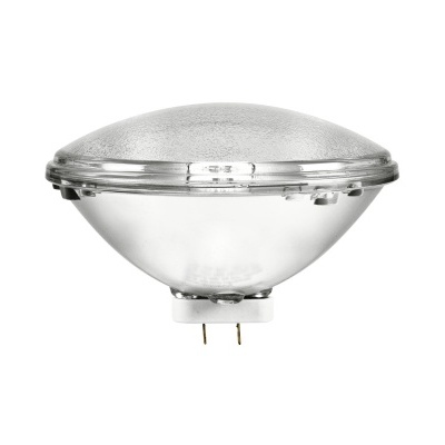 Lâmpada PAR56 transparente com base branca e dois pinos metálicos.