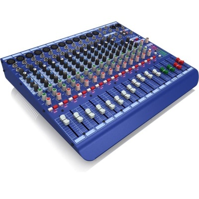 Mesa de mistura de áudio azul com botões e deslizantes para controlo de som