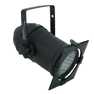 Projetor de luz cênica preto com suporte metálico e grade frontal