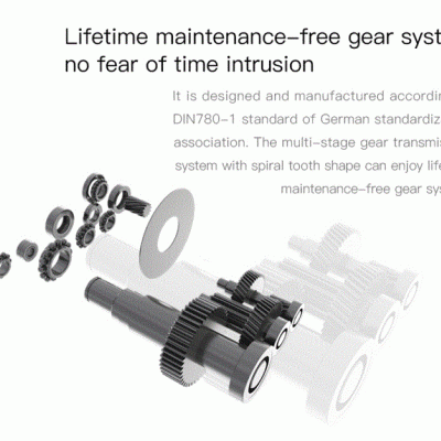 Sistema de engrenagens preto e cinza com várias peças e texto sobre manutenção e norma DIN780-1