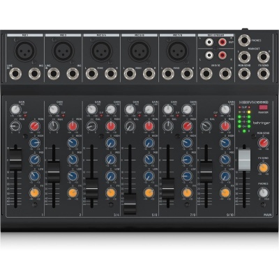 Mesa de mistura Behringer Xenyx QX1202USB com botões coloridos e múltiplas entradas