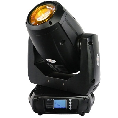 Luz de palco móvel preta com visor digital azul e lente amarela