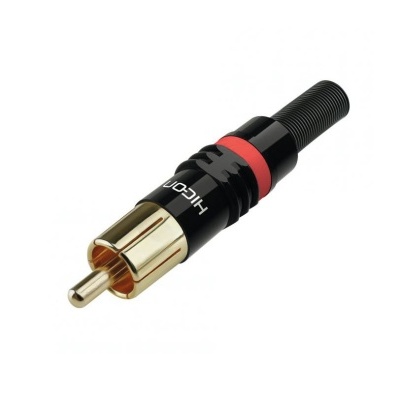 Conector RCA preto e dourado com anel vermelho em fundo branco