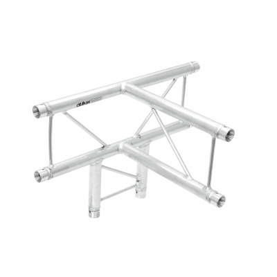 Estrutura de metal em forma de T com suportes triangulares e texto 