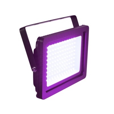 Holofote LED quadrado roxo com luzes acesas