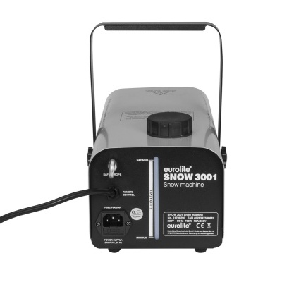Máquina de neve Eurolite Snow 3001 cinza e preta com alça e rótulos na parte frontal
