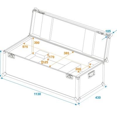 Desenho técnico de um baú retangular aberto com dimensões em milímetros