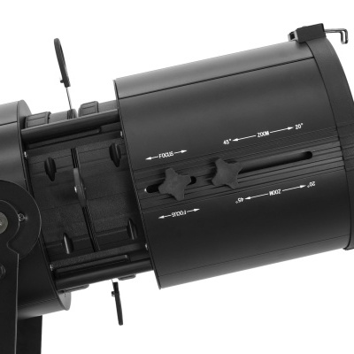 Foco de luz profissional preto com marcações angulares e alavancas de ajuste