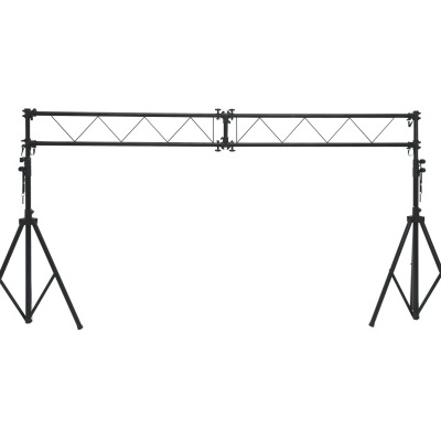 Suporte metálico preto com tripés e barras cruzadas para equipamento