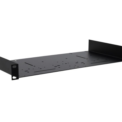 Estante metálica preta para rack com múltiplos furos
