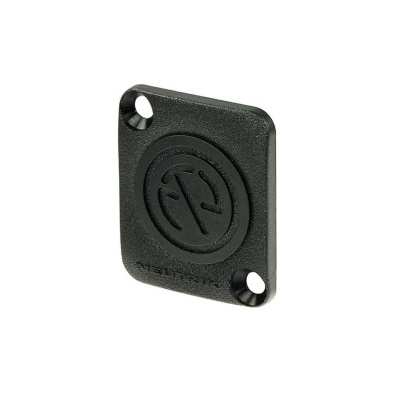 Peça quadrada preta de plástico com dois furos e símbolo circular em relevo