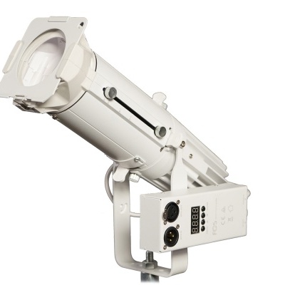 Projetor de luz profissional branco com lente e painel de controlo lateral