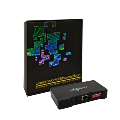 Caixa preta com detalhes holográficos e unidade eletrónica Laserworld Showeditor