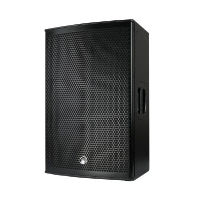 Coluna de som preta com grelha perfurada e logótipo