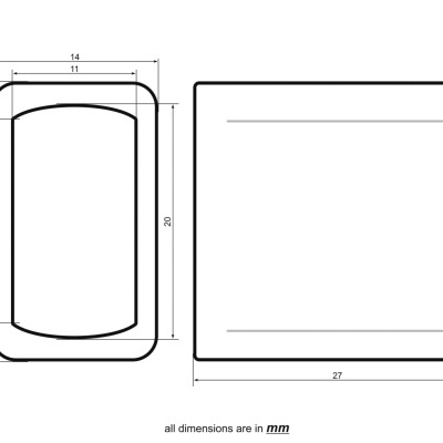 Desenho técnico com medidas em milímetros de objeto retangular com cantos arredondados