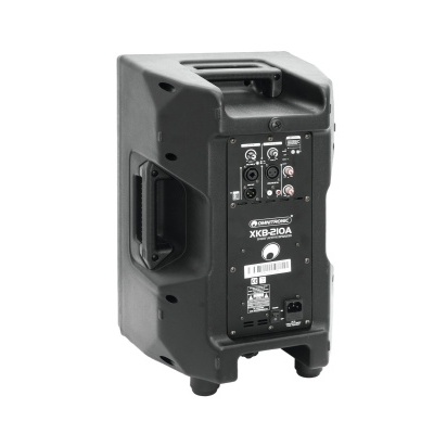 Coluna de som preta com painel traseiro visível e alça integrada