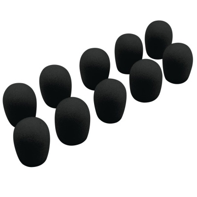 Dez protetores de espuma pretos arredondados organizados em duas filas sobre fundo branco.