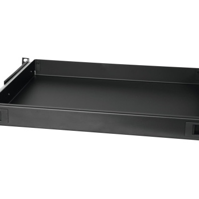 Bandeja metálica preta para rack com abas de fixação