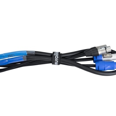 Cabo de áudio preto com conectores metálicos e azuis