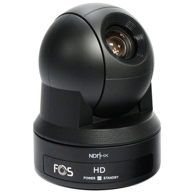 câmara PTZ preta com lentes visíveis e texto 'FOS HD', 'NDI HX', 'POWER' e 'STANDBY' na base