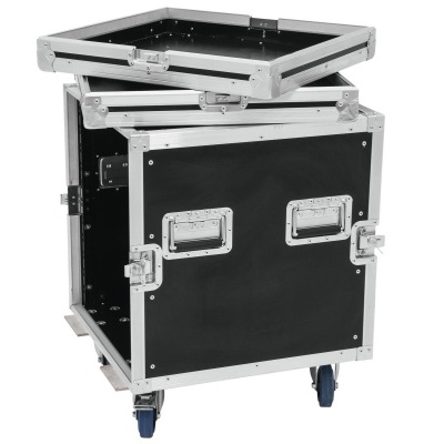 Mala de transporte preta com estrutura metálica prateada e rodas azuis