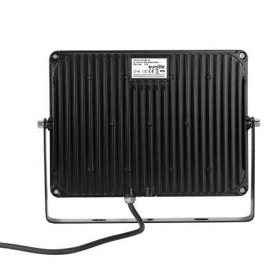Refletor LED preto com suporte metálico e cabo elétrico visto de trás
