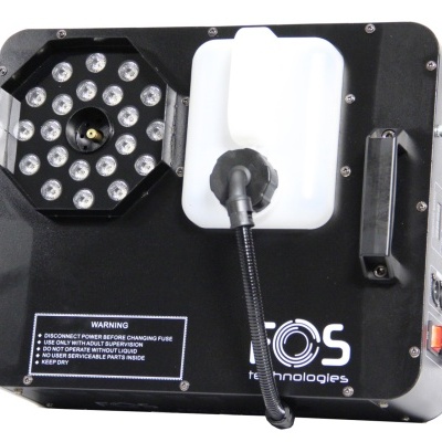 máquina preta com LEDs e tanque branco para efeitos de festa