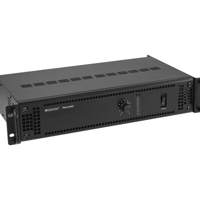 Amplificador de áudio preto com botão de controlo e interruptor