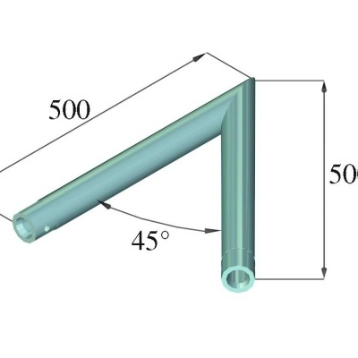 Tubo metálico em ângulo de 90 graus com medidas e ângulo marcado
