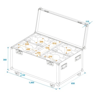 Desenho técnico de baú de transporte com dimensões e compartimentos internos