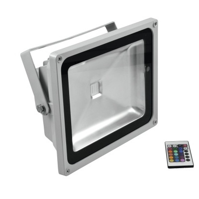 Projetor LED cinza com comando remoto colorido, em fundo branco