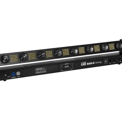 Barra de luz LED preta com oito luzes redondas e várias pequenas, texto LED BAR-8 Swing