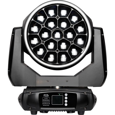 holofote móvel LED preto com lentes hexagonais e ecrã pequeno