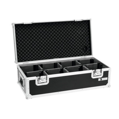 Mala de transporte retangular preta com estrutura metálica e compartimentos acolchoados