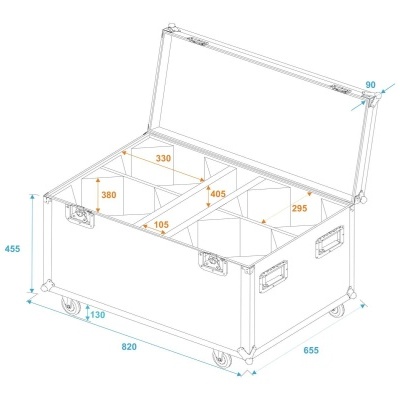 Caixa de armazenamento branca com tampa aberta e rodas, desenho técnico com dimensões